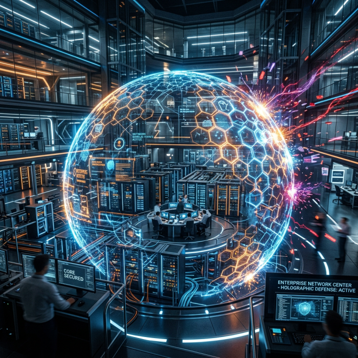 IT team inside data center with holographic network security shield