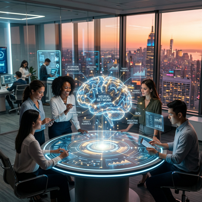 Business team working with holographic neural network model and marketing analytics