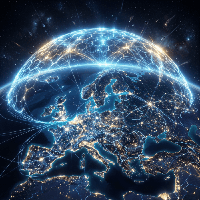 Europe at night with city lights connected by glowing lines and covered by a bright hexagonal digital shield
