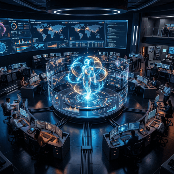 Cybersecurity operations center with analysts monitoring global digital threats on computer screens and holographic human model in the center