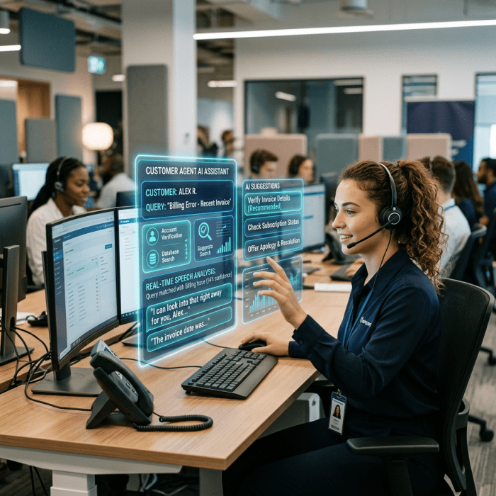 Customer service agent interacting with AI assistant on computer screen for billing issue resolution