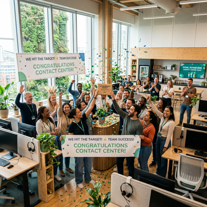 Team celebrating achievement in contact center with banners and confetti