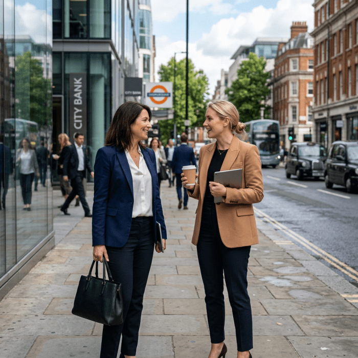 Two professional women in business attire talking on a city sidewalk