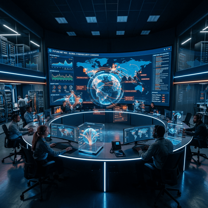 Cybersecurity team monitoring global cyber threat data on digital displays