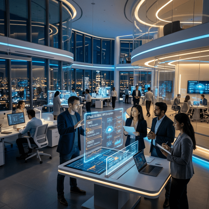 Business team discussing data on holographic digital displays in futuristic office