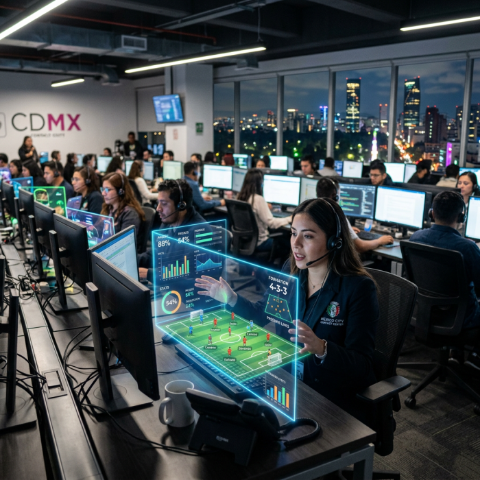 Call center employee with headset interacting with holographic soccer statistics while working on computer