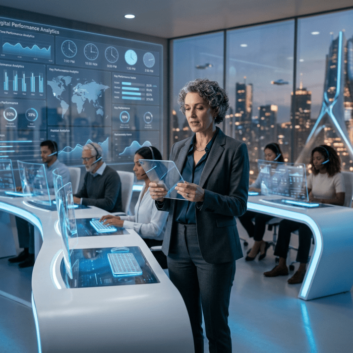 Team using transparent digital screens and analytics in futuristic control room