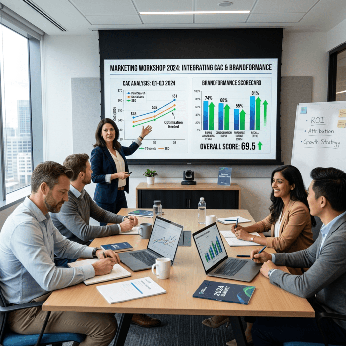 Marketing team in a conference room with graphs showing CAC analysis and brandformance scores
