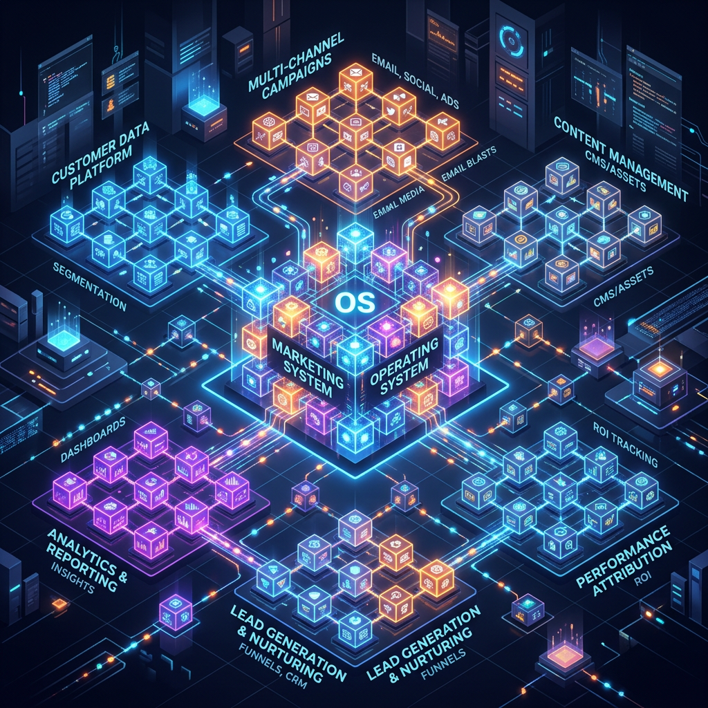 Digital diagram showing interconnected marketing system modules including customer data, multi-channel campaigns, content management, analytics, lead generation, and performance attribution