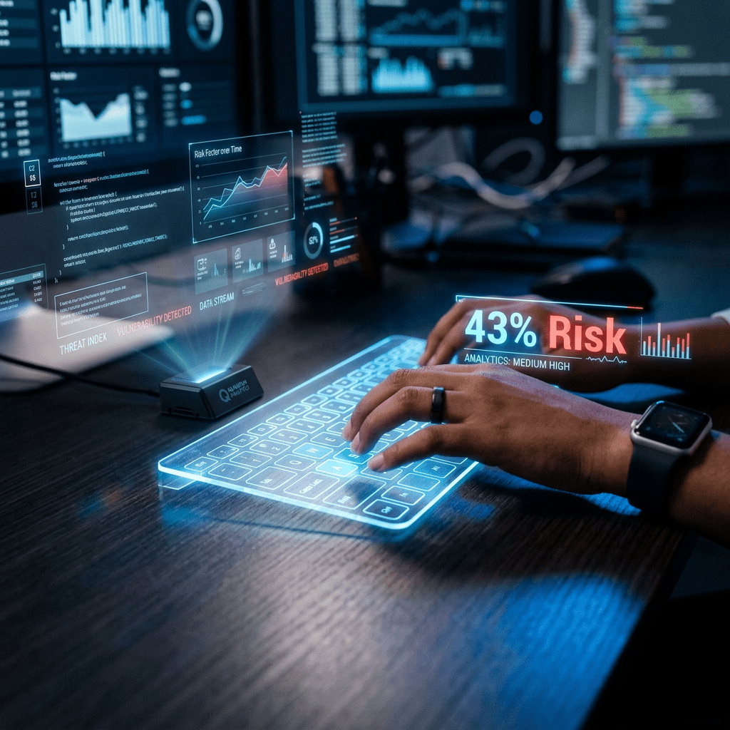 Hands typing on a holographic keyboard with projected cybersecurity risk and data charts