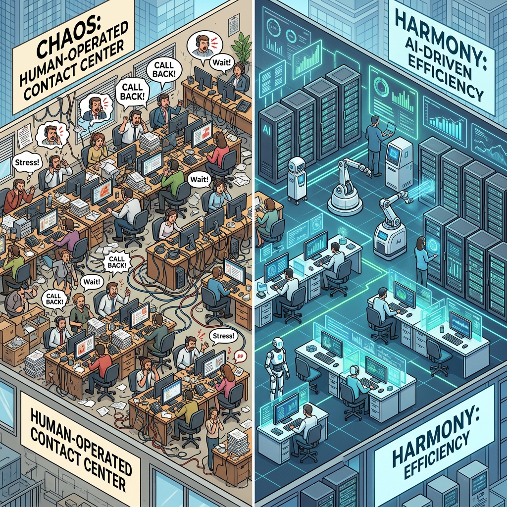 Split image comparing a chaotic human-operated contact center with stressed employees to an efficient AI-driven contact center with robots and calm workers.
