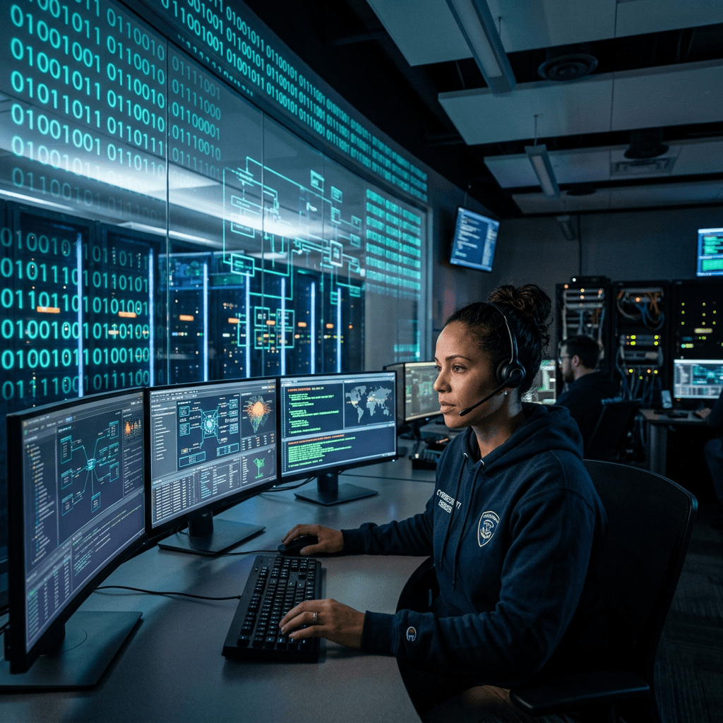 Cybersecurity analyst at workstation with multiple monitors displaying network data and maps