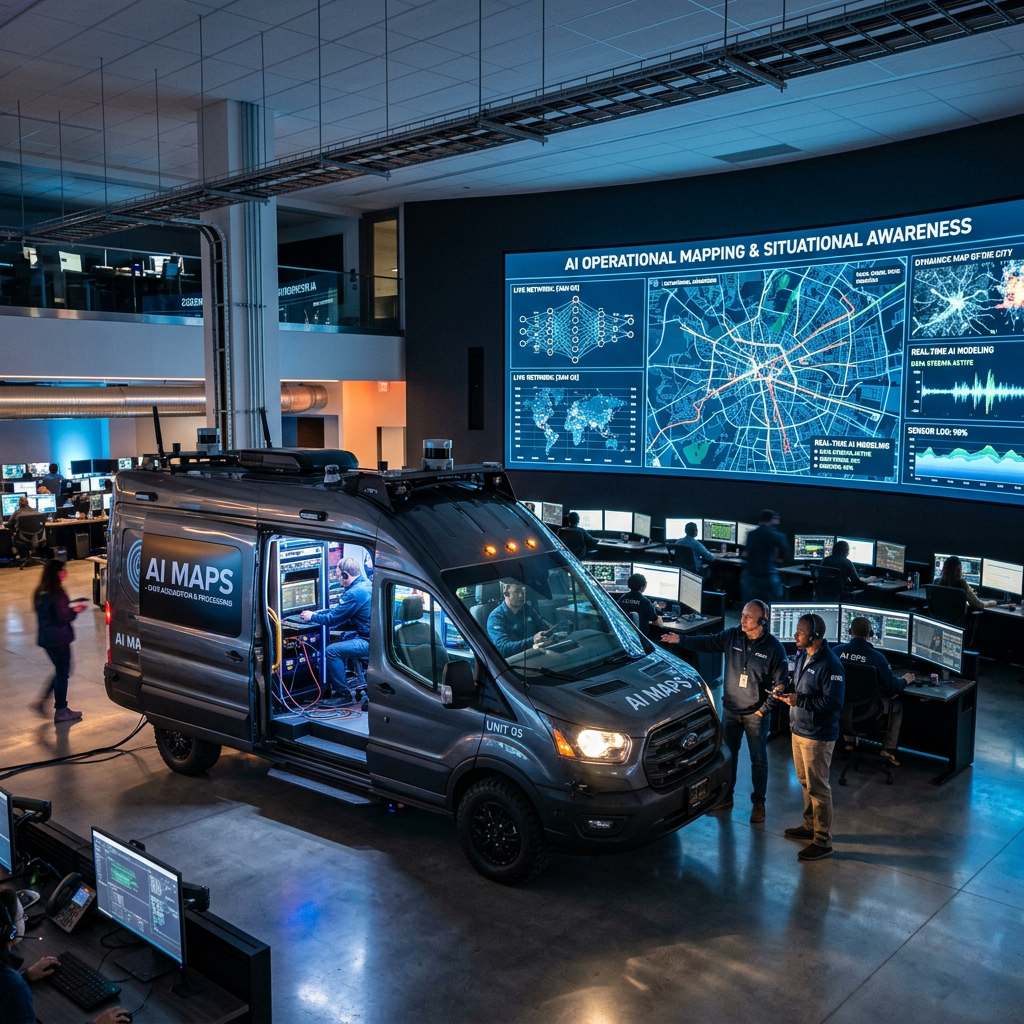 Mobile AI operations van parked inside command center with large AI mapping screen and staff at computers