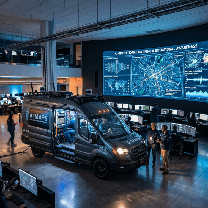 Mobile AI operations van parked inside command center with large AI mapping screen and staff at computers