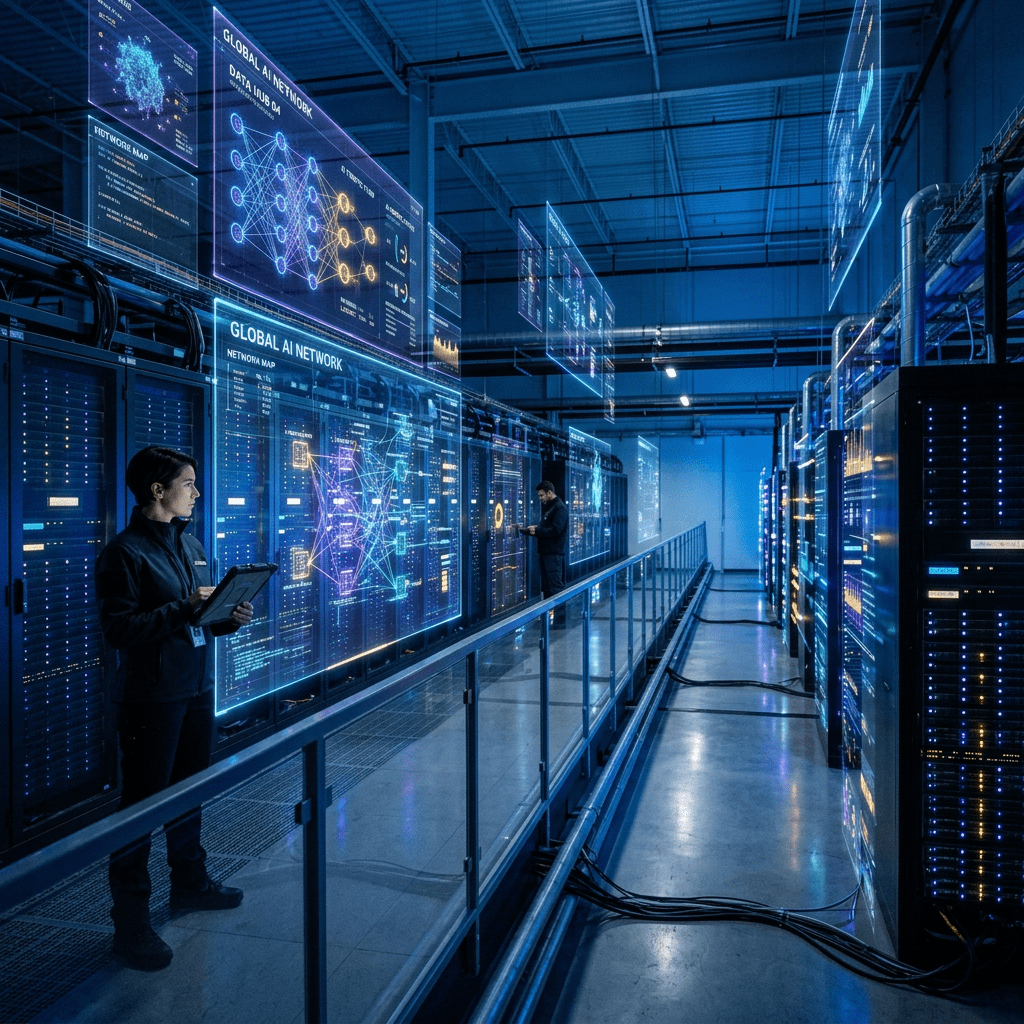 Technicians using tablet and laptop to monitor AI network data in a high-tech data center with digital holographic displays