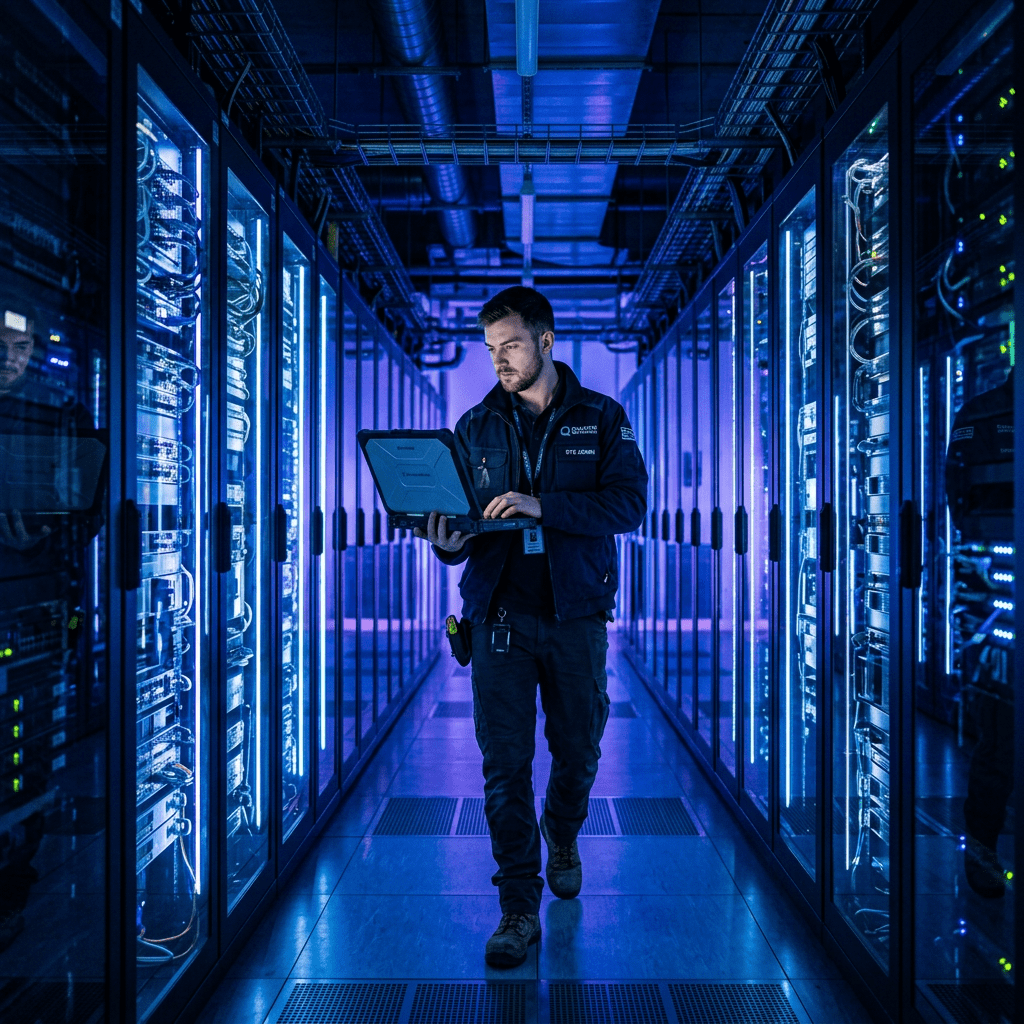 Technician using laptop in data center aisle surrounded by server racks with blue lighting