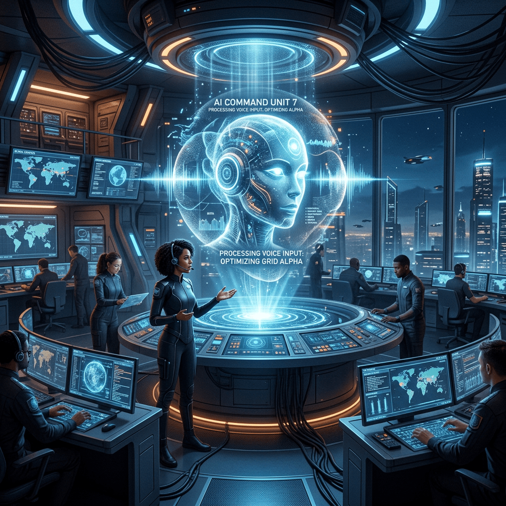 Futuristic command center with operators interacting with holographic AI interface and multiple monitors.