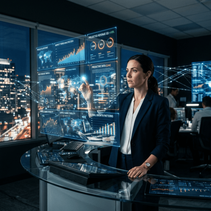 Businesswoman using holographic data dashboard with charts and maps in office