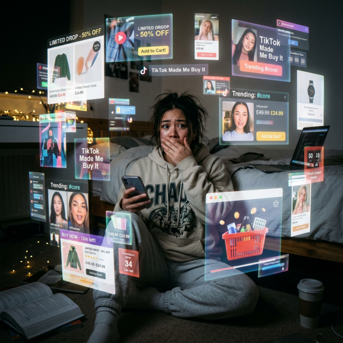 Young woman sitting on floor surrounded by floating online shopping ads and notifications