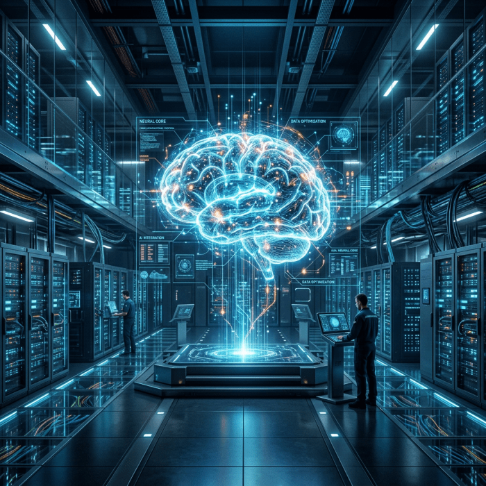 Holographic brain projection in a futuristic data center with two technicians working