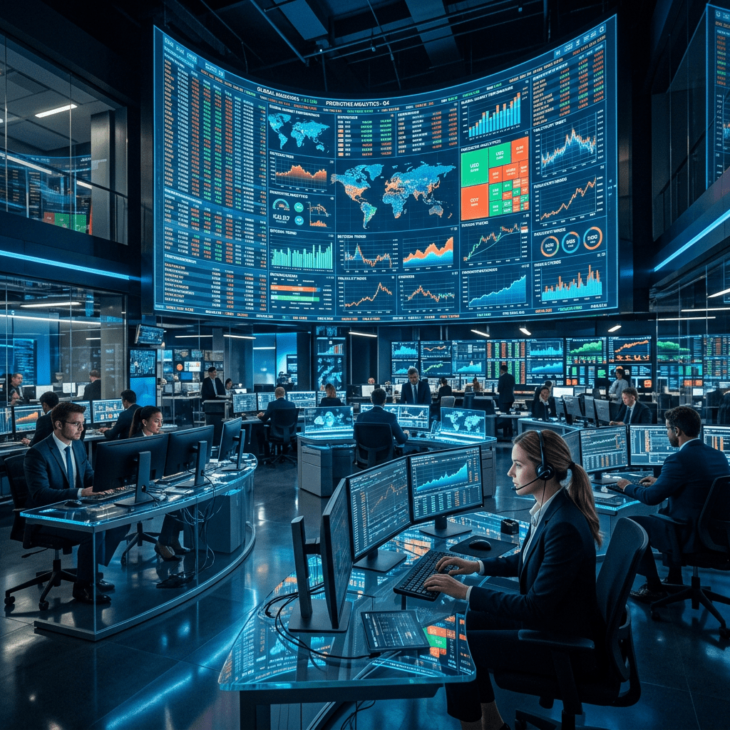 Financial analysts working at computers surrounded by multiple large screens showing stock charts and global data