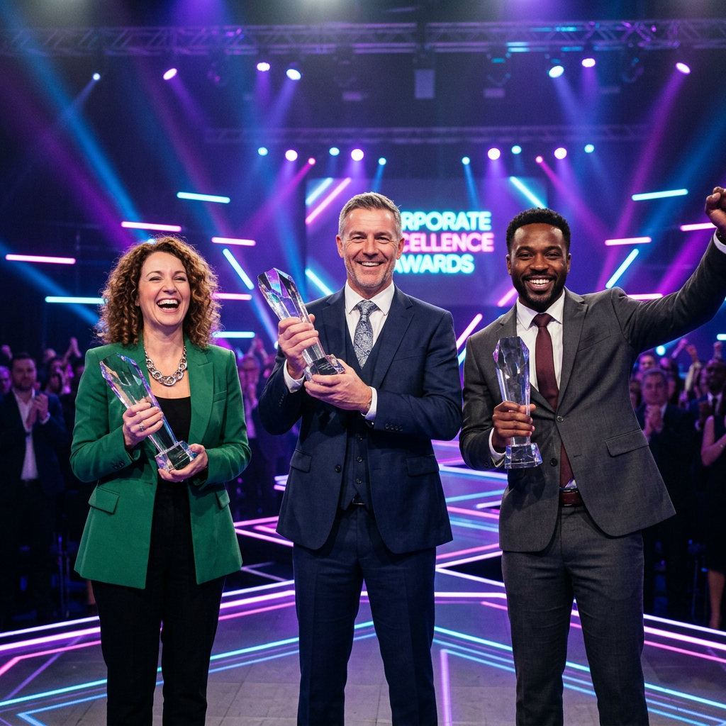 Three business professionals holding trophies celebrating at Corporate Excellence Awards