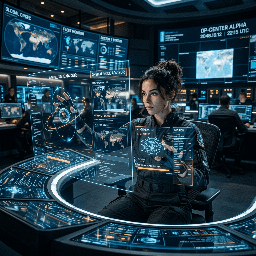 Woman interacting with holographic space mission control interface showing orbital maps and asteroid tracking