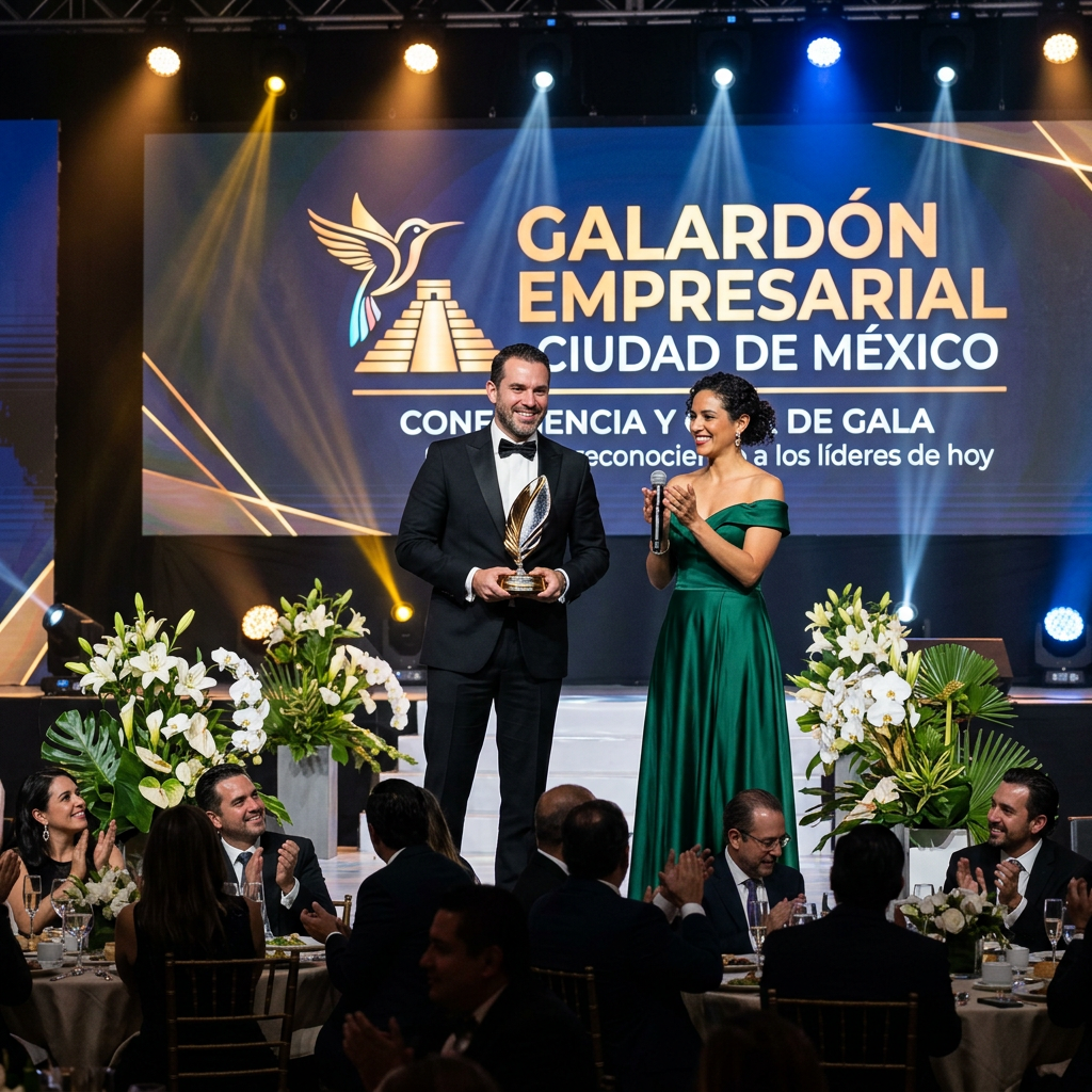 Man holding an award and woman speaking on stage at a business gala event