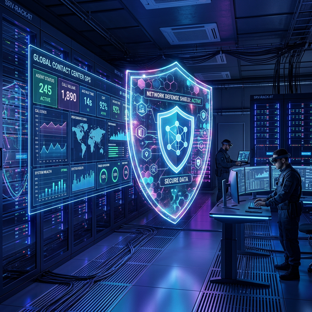 Technicians working in a cybersecurity operations center with digital network defense shield and performance metrics