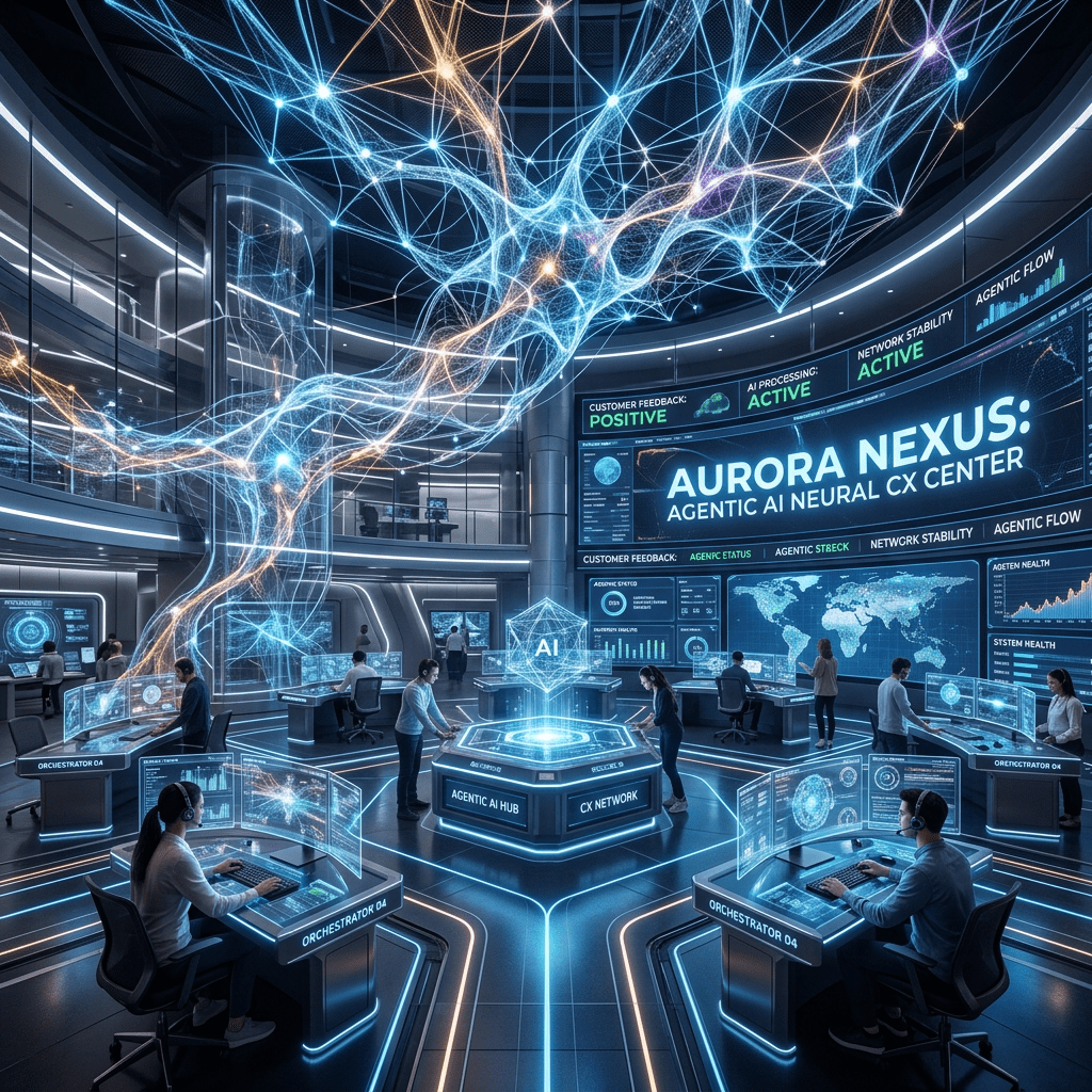 High-tech neural network AI command center with analysts at digital workstations