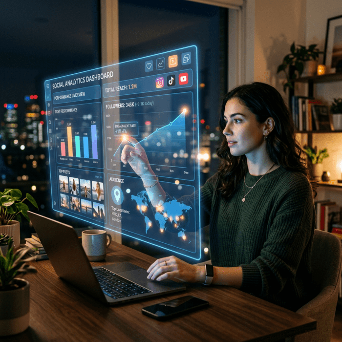 Woman interacting with a holographic social media analytics dashboard showing reach, followers, engagement rate, top posts, and audience locations