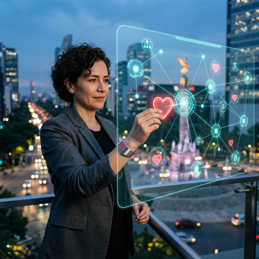 Woman using holographic health icons interface outdoors in evening city