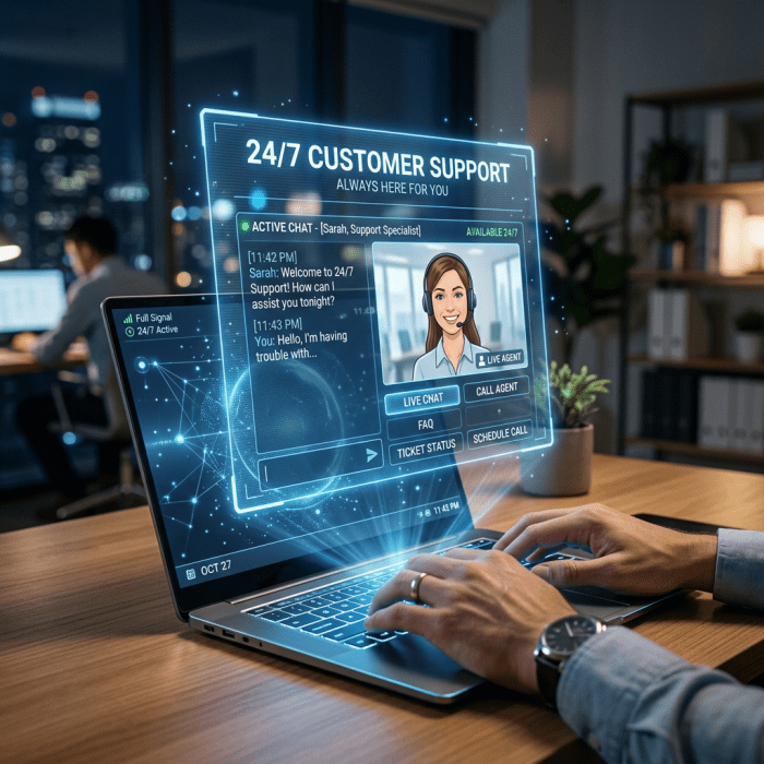 Laptop displaying 24/7 customer support live chat with agent avatar and conversation