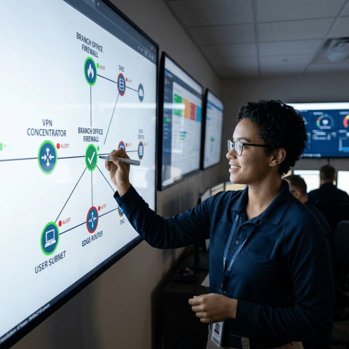 Cybersecurity analyst interacting with network architecture diagram on touchscreen