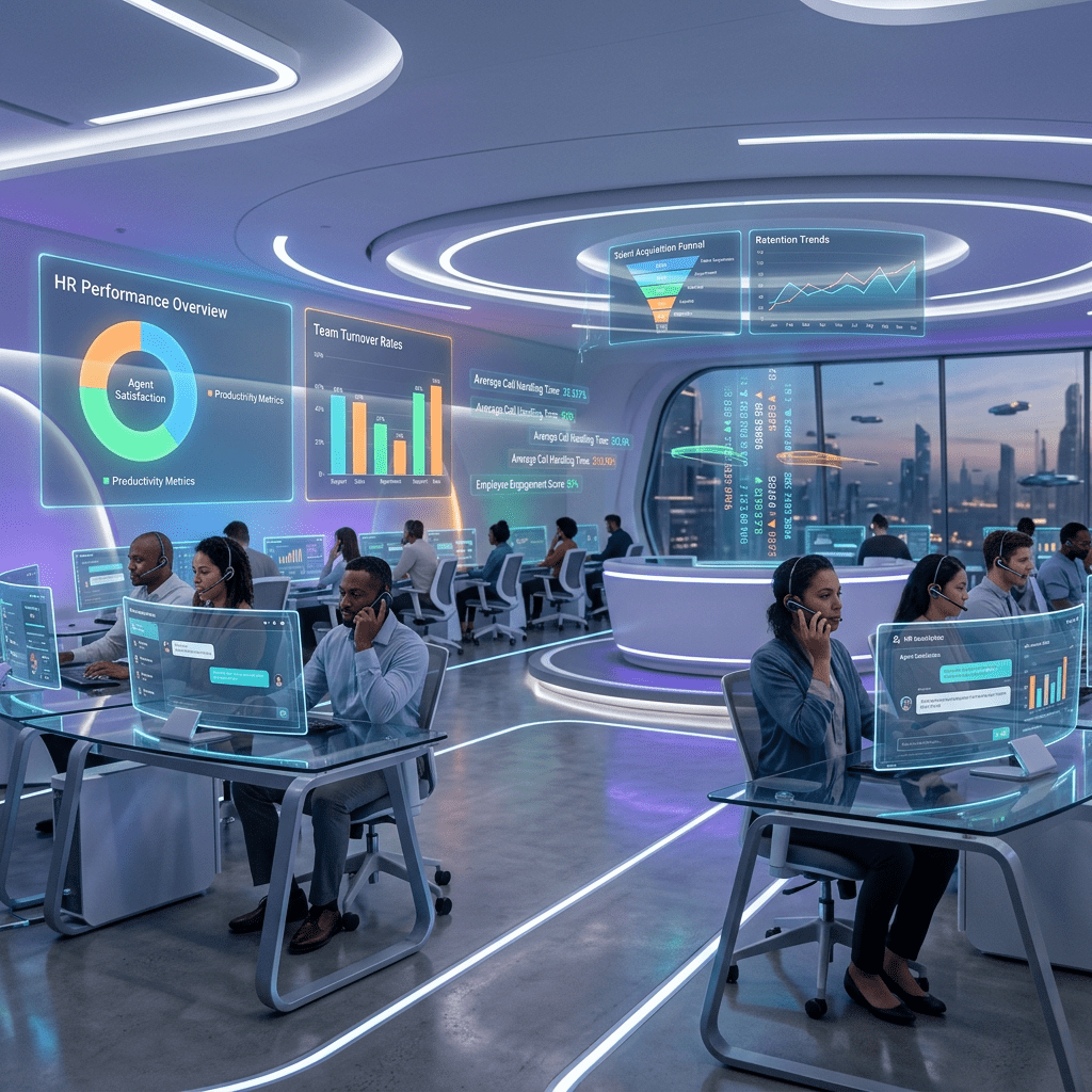 Call center agents working with transparent digital screens showing HR and performance analytics in a modern office