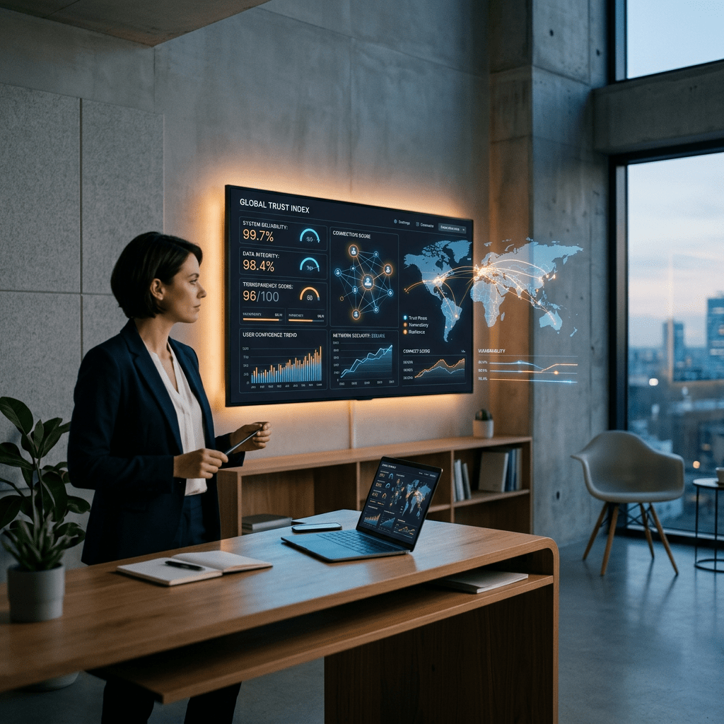 Businesswoman standing by desk with global trust index data on large digital screen and laptop