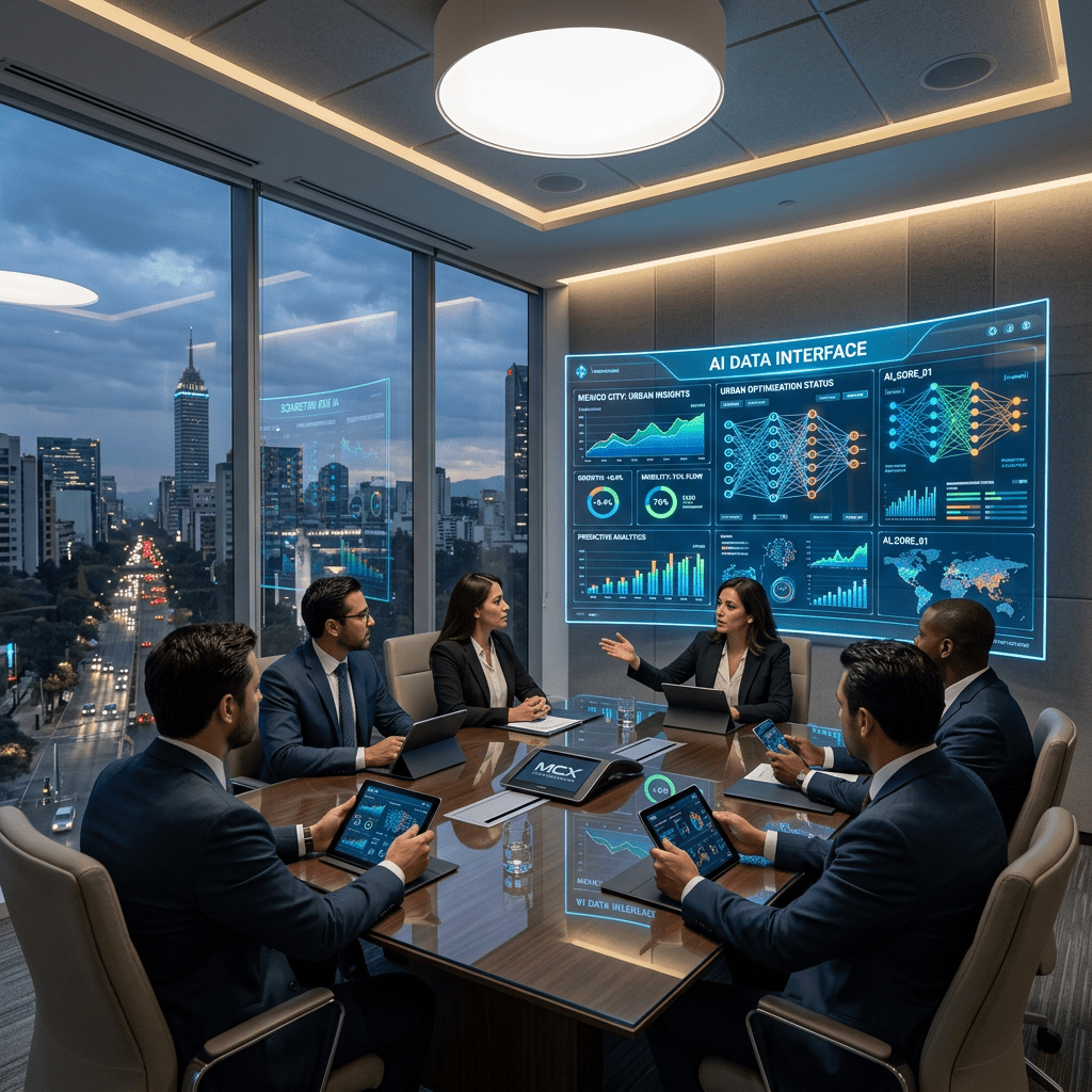 Six business professionals in suits discussing AI data analytics displayed on a large screen