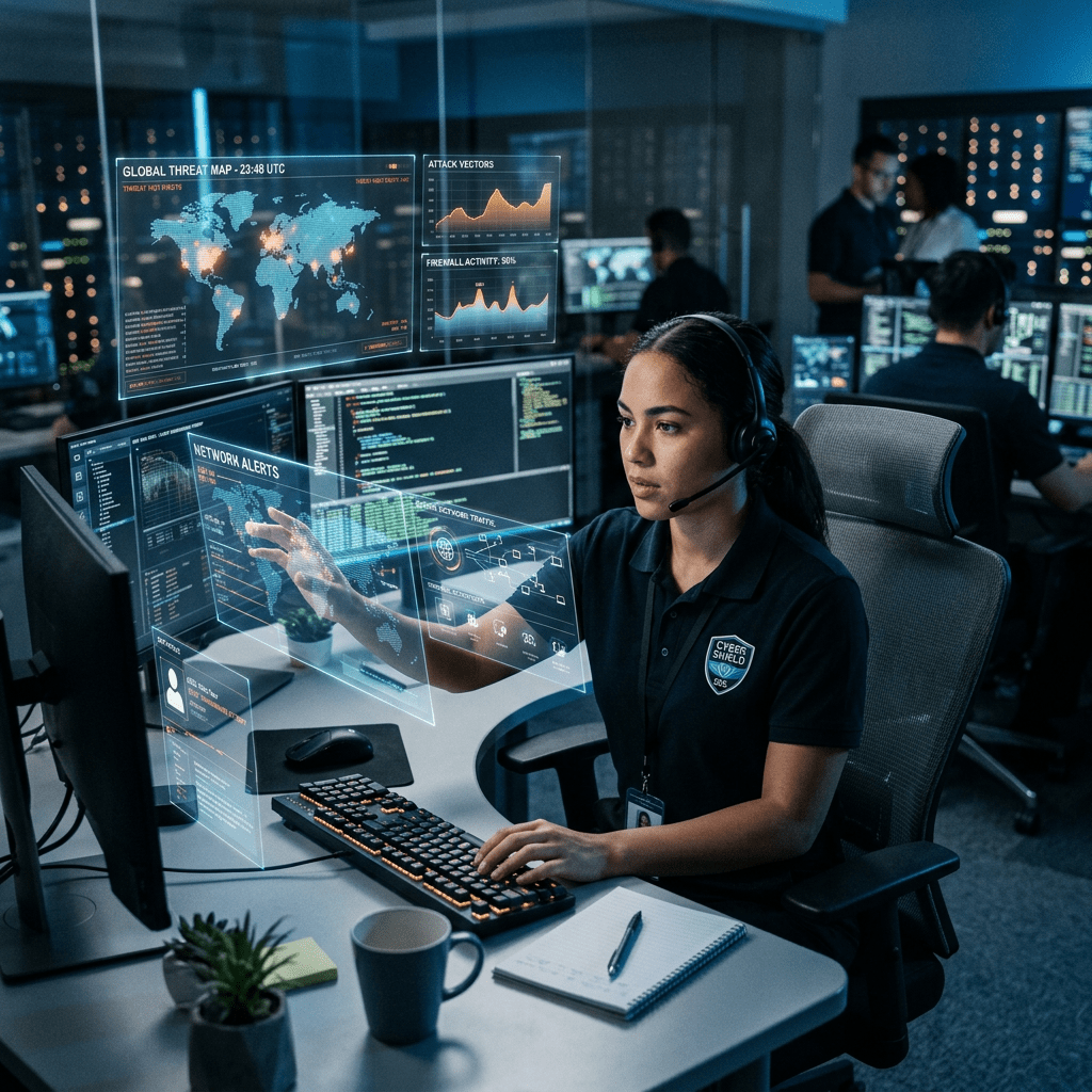 Cybersecurity analyst in headset interacting with virtual screens showing global threat map and network alerts