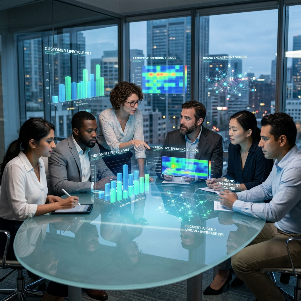 Five professionals reviewing customer lifecycle and brand engagement data visualizations in a modern office