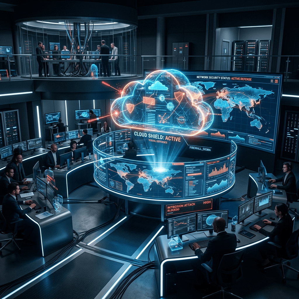 Cybersecurity team working in a control center with holographic cloud shield and global network maps showing active defenses and intrusion alerts