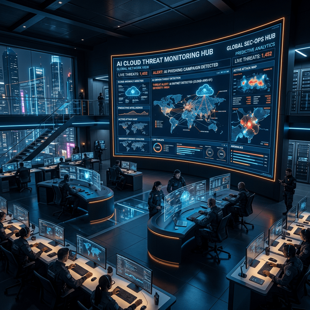 Cybersecurity operations center with large AI threat monitoring display and analysts at computer workstations