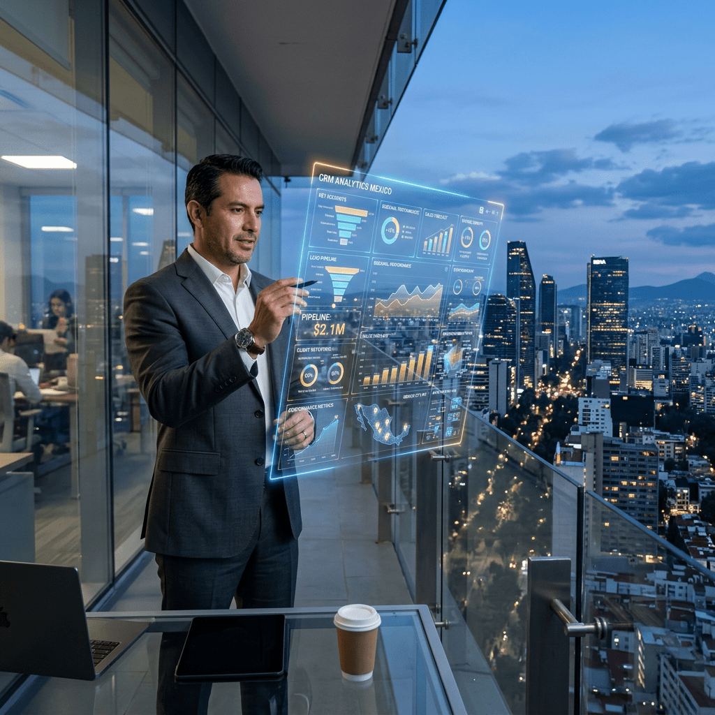 Businessman interacting with holographic CRM analytics display on balcony with city skyline background at dusk