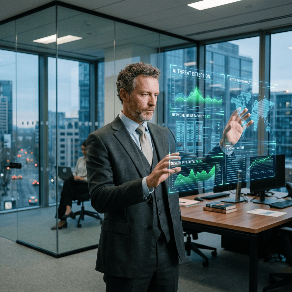 Businessman using holographic AI threat detection and network vulnerability interface