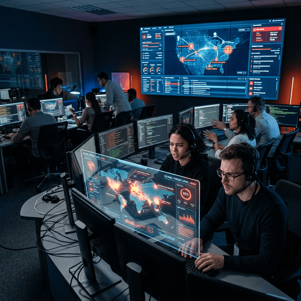Team monitoring global cybersecurity threat levels on multiple computer screens
