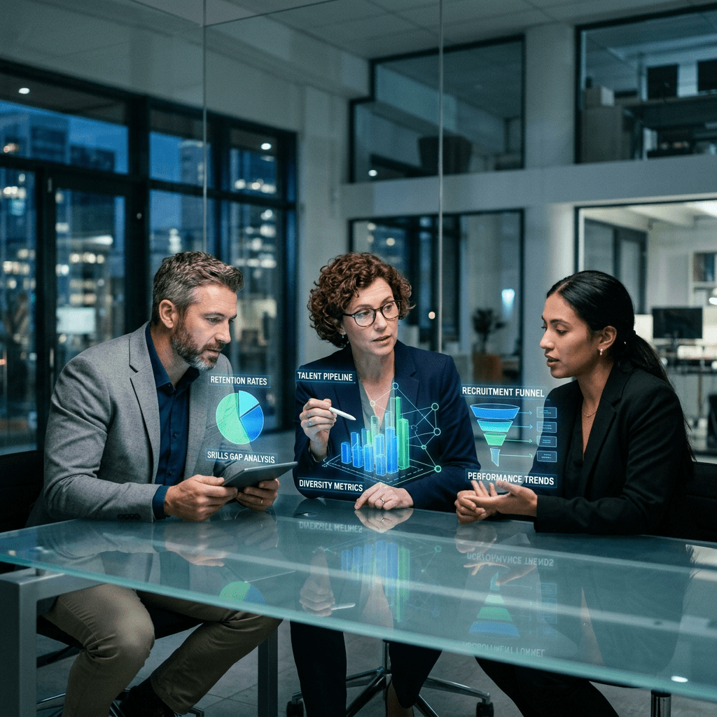 Three professionals reviewing human resources analytics charts in an office