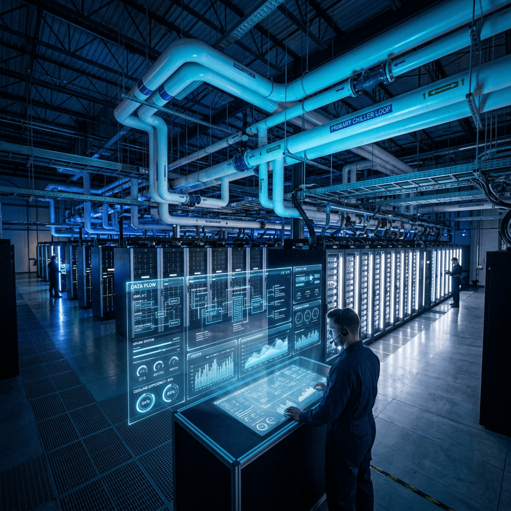 Technician operating a futuristic digital control panel inside a data center
