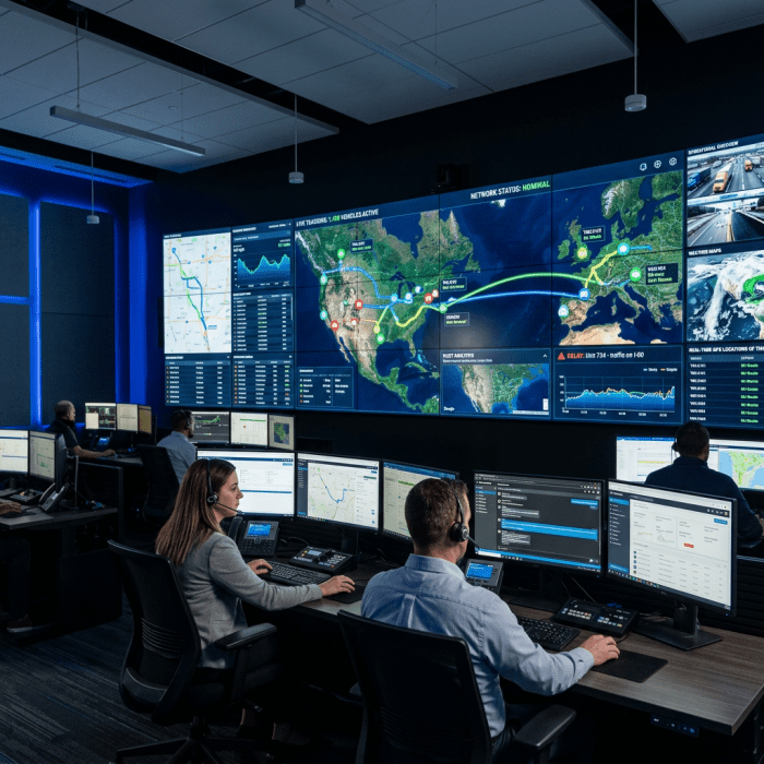 Control room with multiple operators monitoring global vehicle tracking maps and traffic status on large screens