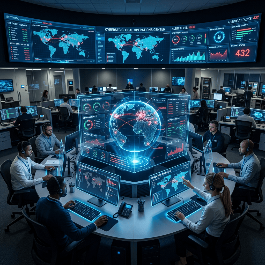 Cybersecurity operations center with analysts monitoring global cyber threat maps and data visualizations