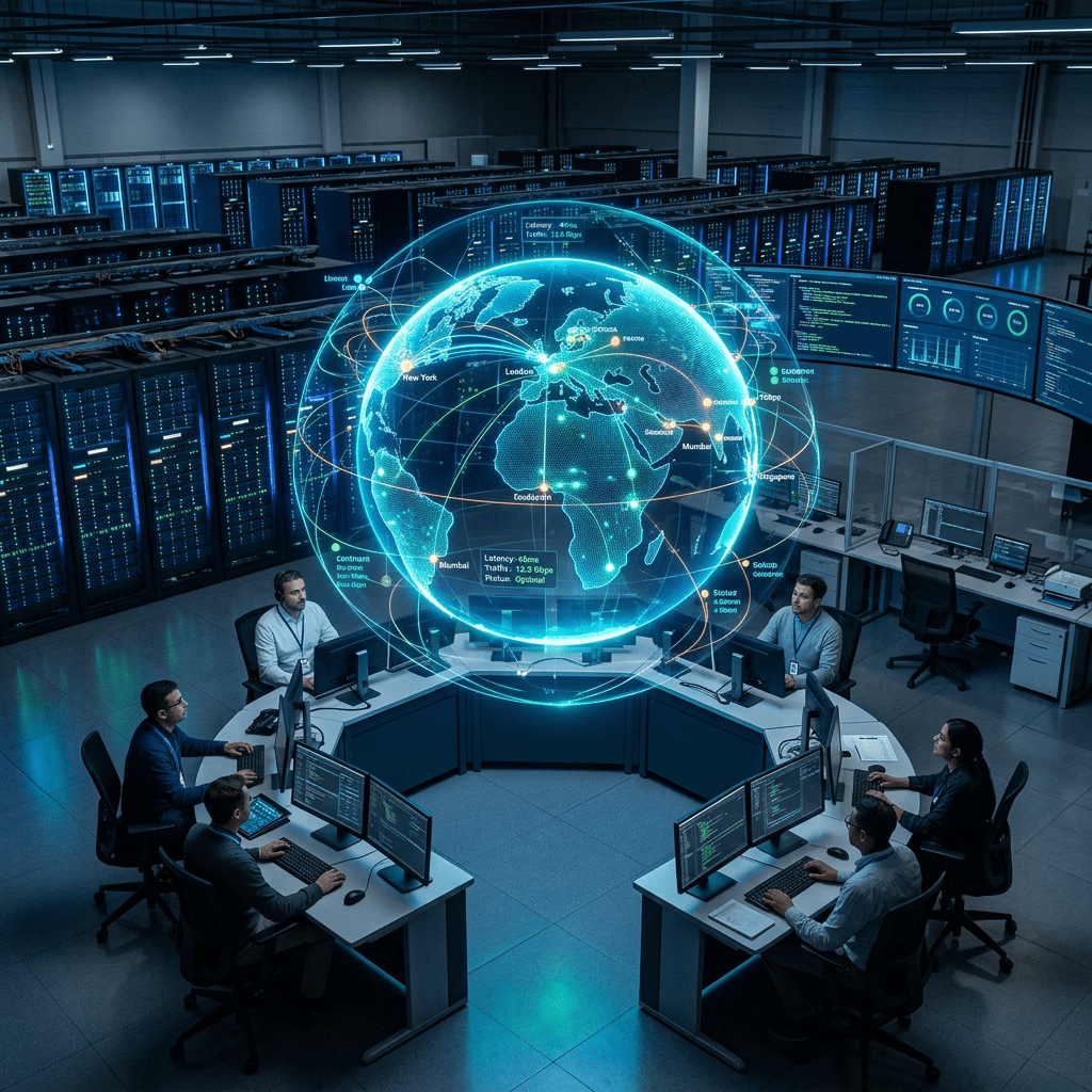 IT team working at computers around a holographic globe showing global network connections in a data center