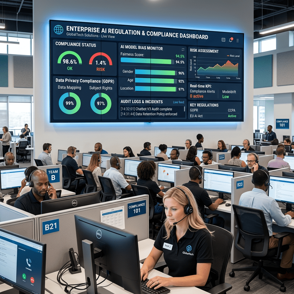 Office with multiple employees at computers monitoring AI regulation compliance dashboard